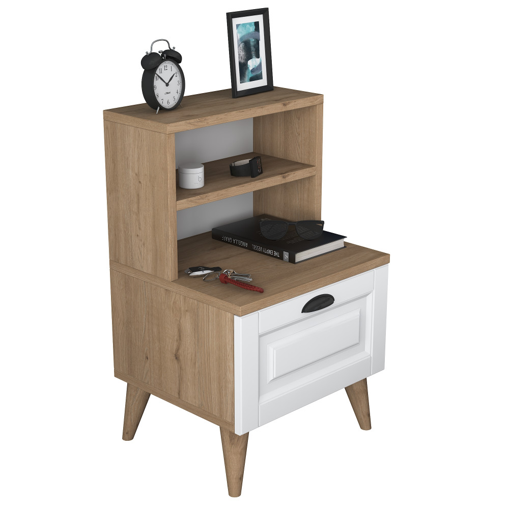 Rani BD105 Commode Tiroir à Membrane 2 Etagères Panier de Commode Noyer - Blanc