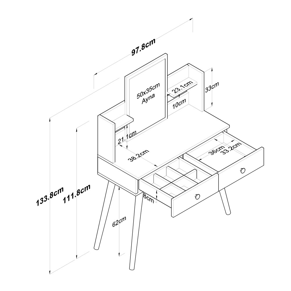 Rani BJ102 Makeup Dressing Table 2 Tiroirs Etagère Miroir Organisateur de Bijoux Blanc