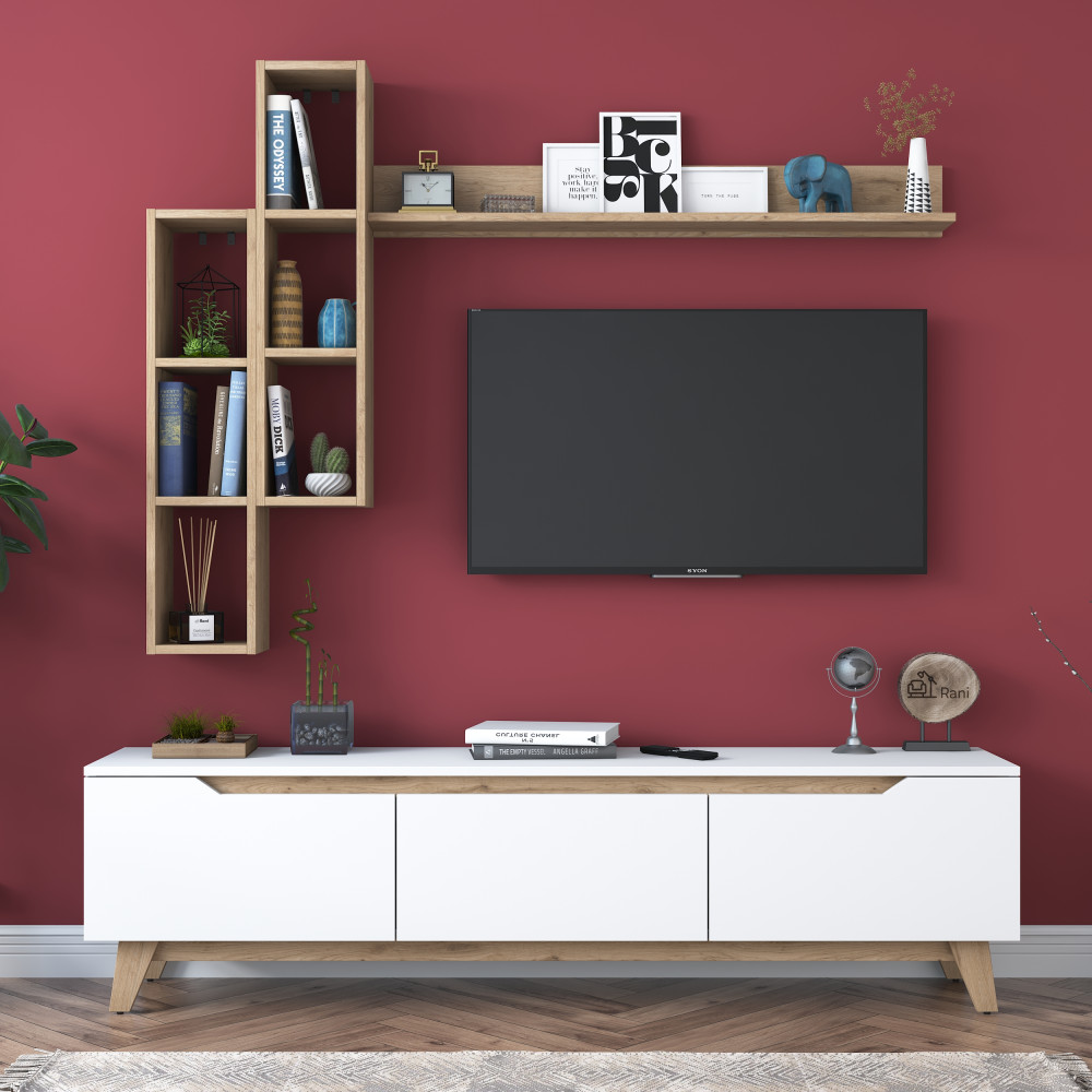 Rani D1 Etagère murale Meuble TV Meuble TV avec étagère Bibliothèque Etagère murale Pieds modernes 180 cm Blanc - Panier Noyer M16 Image