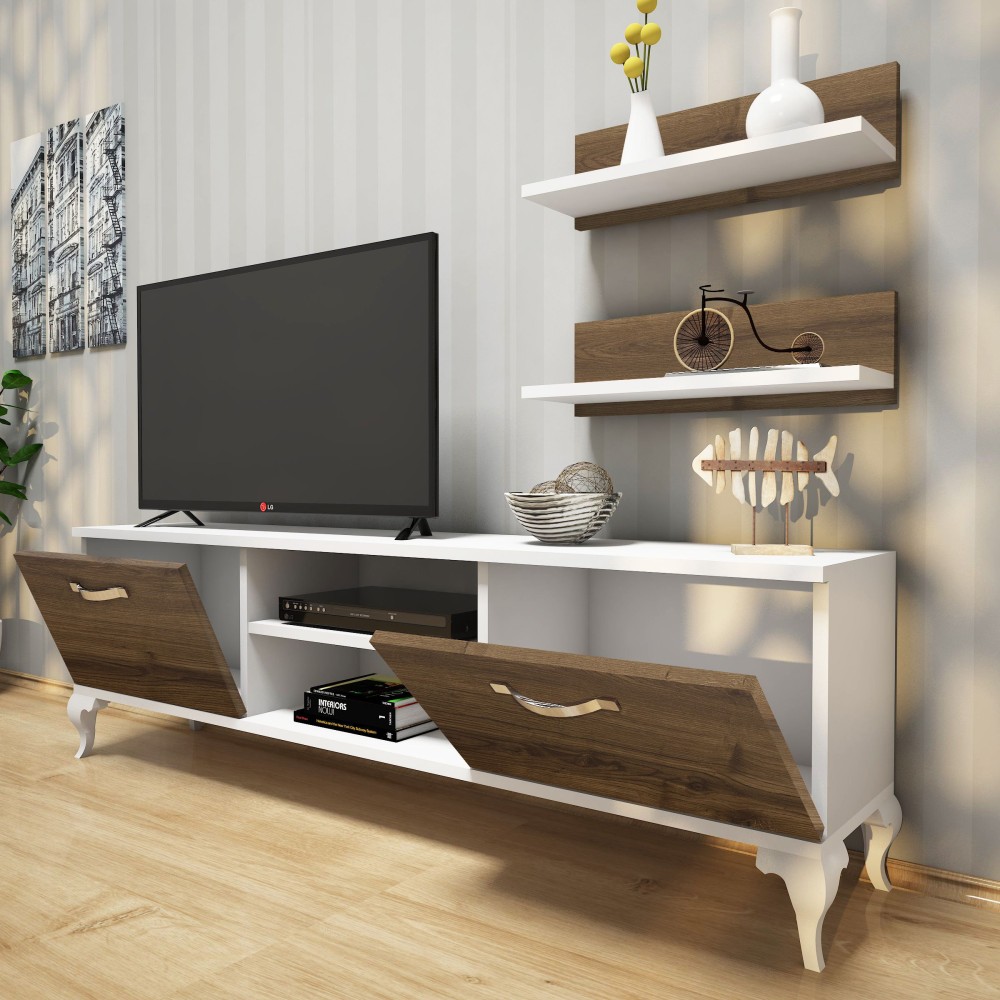 Rani A4 Etagère murale Meuble TV avec bibliothèque Design moderne 150 cm Blanc - Hitit Noyer