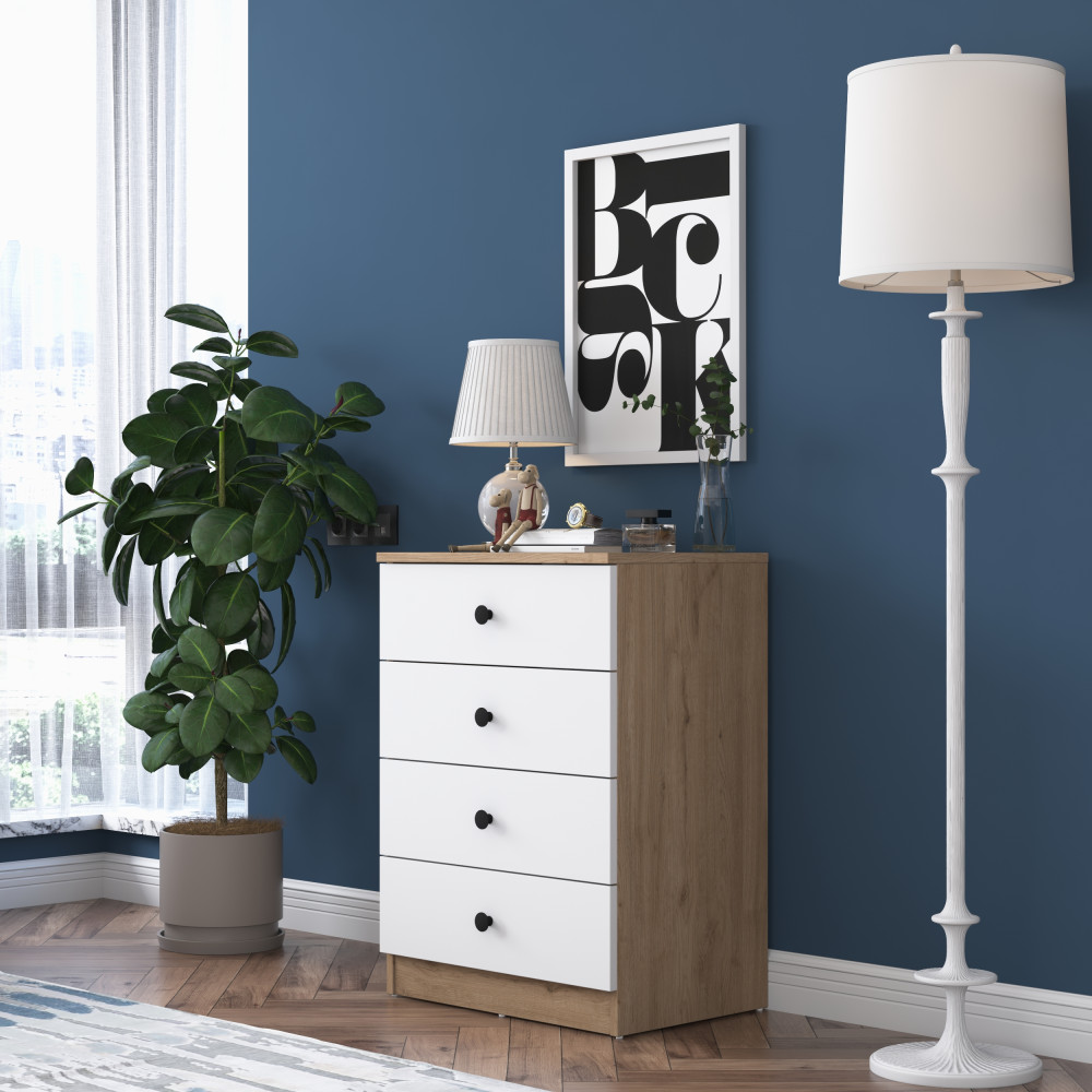 Rani BE105 Commode 4 tiroirs Chambre Bébé Chambre Panier Noyer - Blanc Image