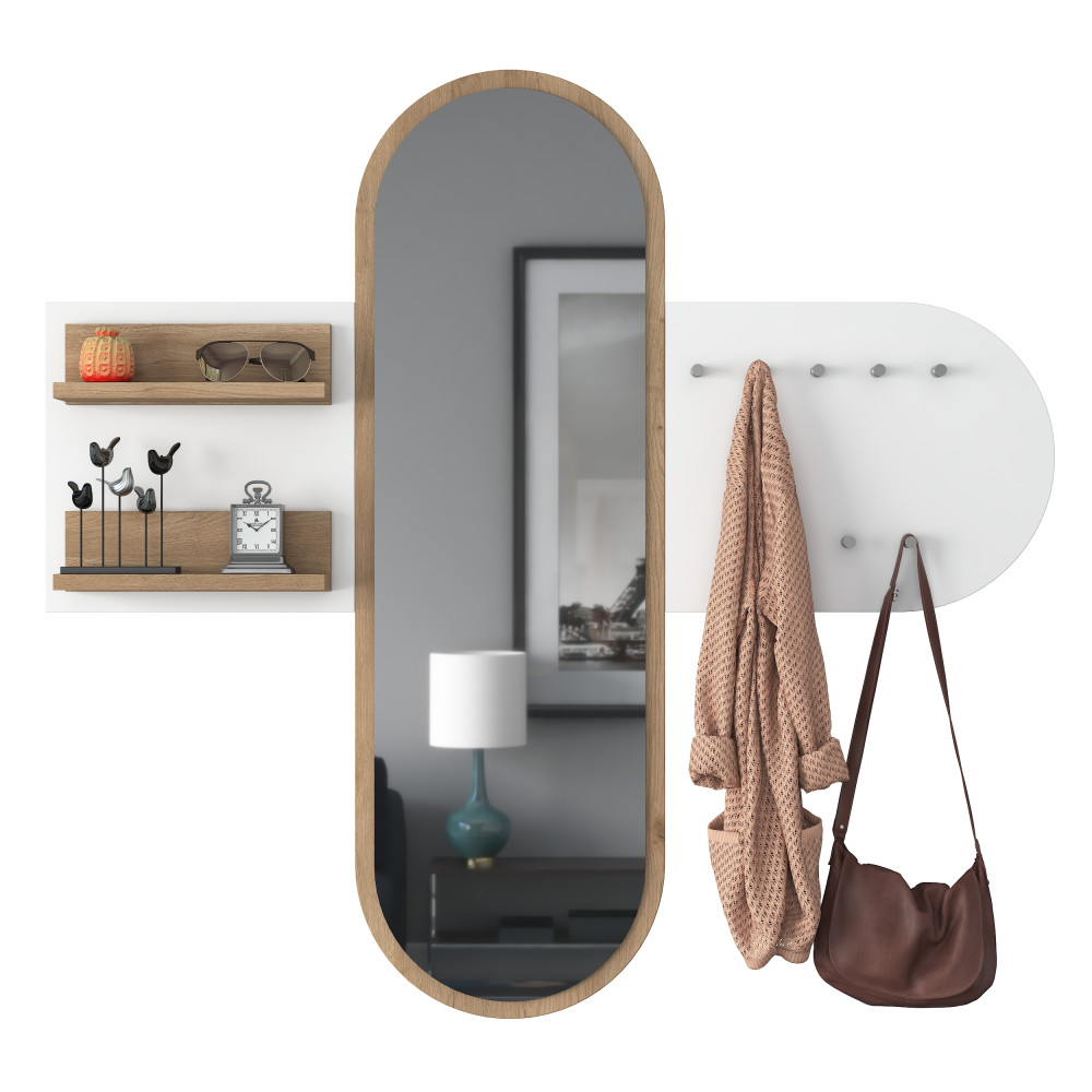 Rani P3 Miroir mural suspendu Miroir mural panier noyer - Blanc Vestiaire