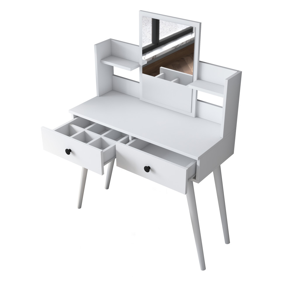Rani BJ102 Makeup Dressing Table 2 Tiroirs Etagère Miroir Organisateur de Bijoux Blanc
