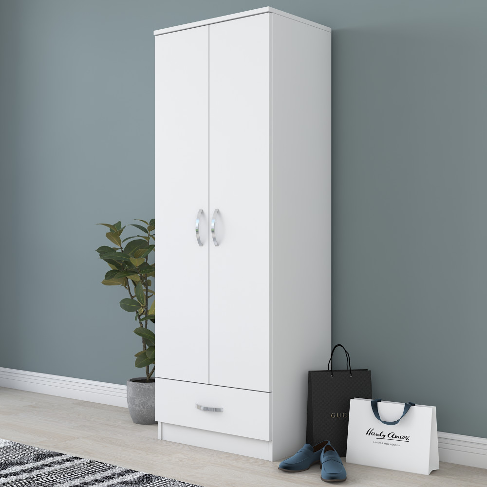 Rani BA103 Grande armoire à vêtements 2 portes 1 tiroir 1 étagère 1 penderie Blanc Image