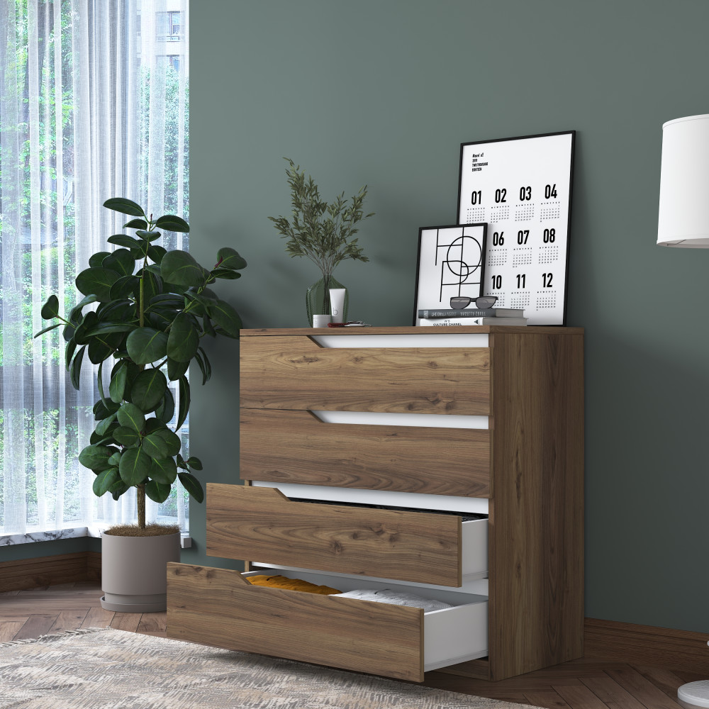 Rani BE101 Commode 4 Tiroirs Chambre Bébé Chambre Miniature Noyer - Blanc 91 x 80 Cm