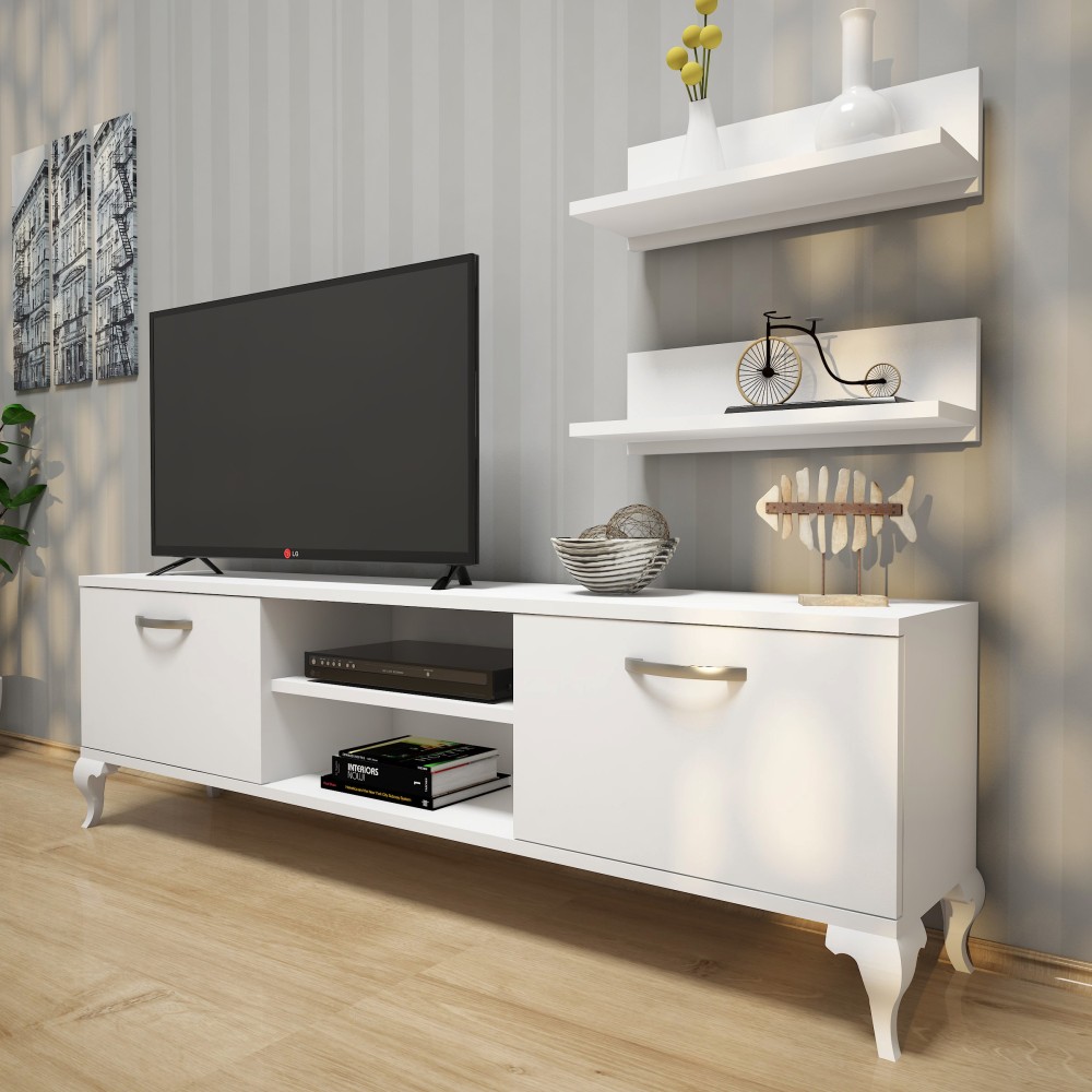 Meuble TV avec Etagère Murale Meuble TV avec Etagère Piédestal Design Moderne 150 cm Blanc