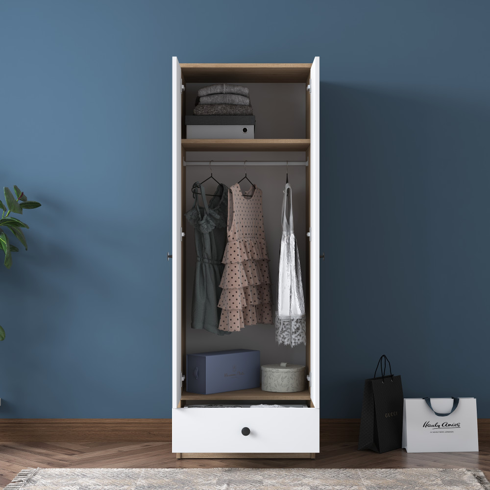 Rani BA118 Armoire à vêtements 2 portes 1 tiroir 1 tiroir 1 étagère 1 panier suspendu Noyer - Blanc