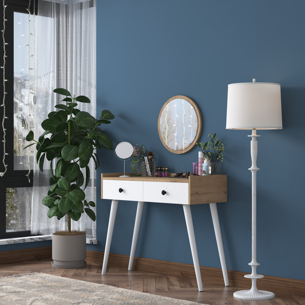 Rani BJ103 Table de maquillage et d'habillage 2 tiroirs Miroir Organisateur de bijoux S. Noyer - Blanc