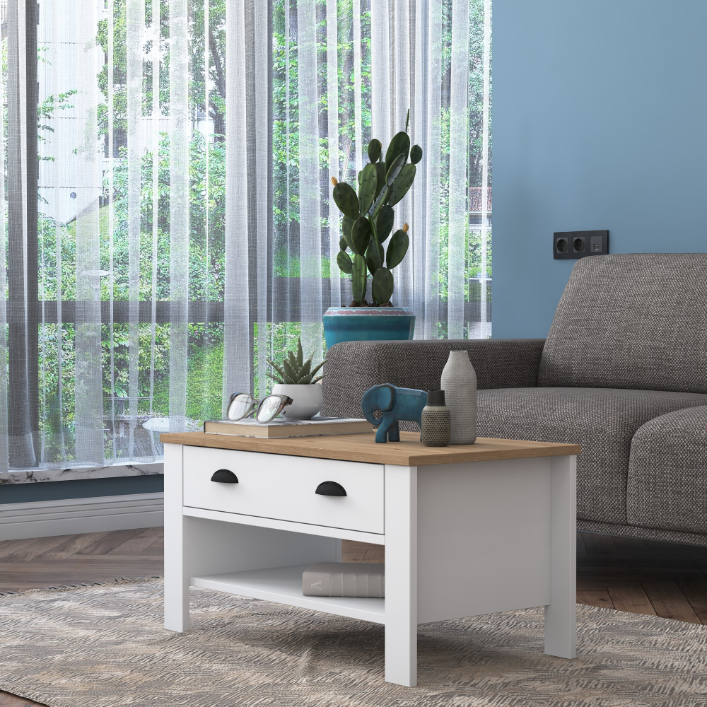 Rani AB109 Table Basse Moderne Jambe Tiroir Panier Noyer - Blanc